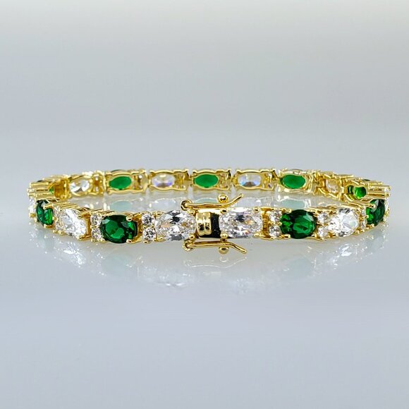 14K Gold Womens 2ct Green Emerald Oval Gemstone Diamond Tennis Bracelet 7" inch - Picture 1 of 9